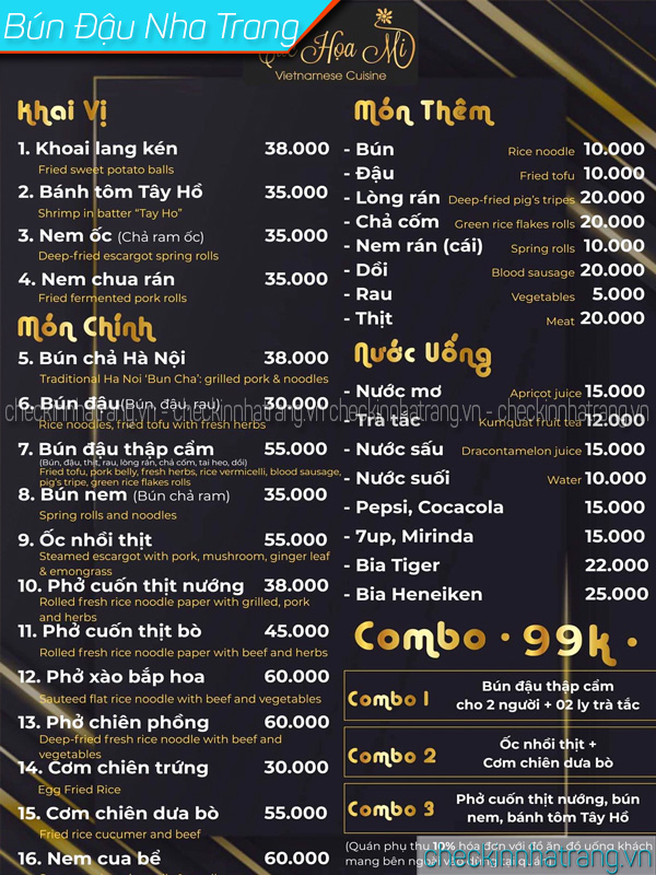 Bún đậu Cúc Họa Mi Nha Trang menu